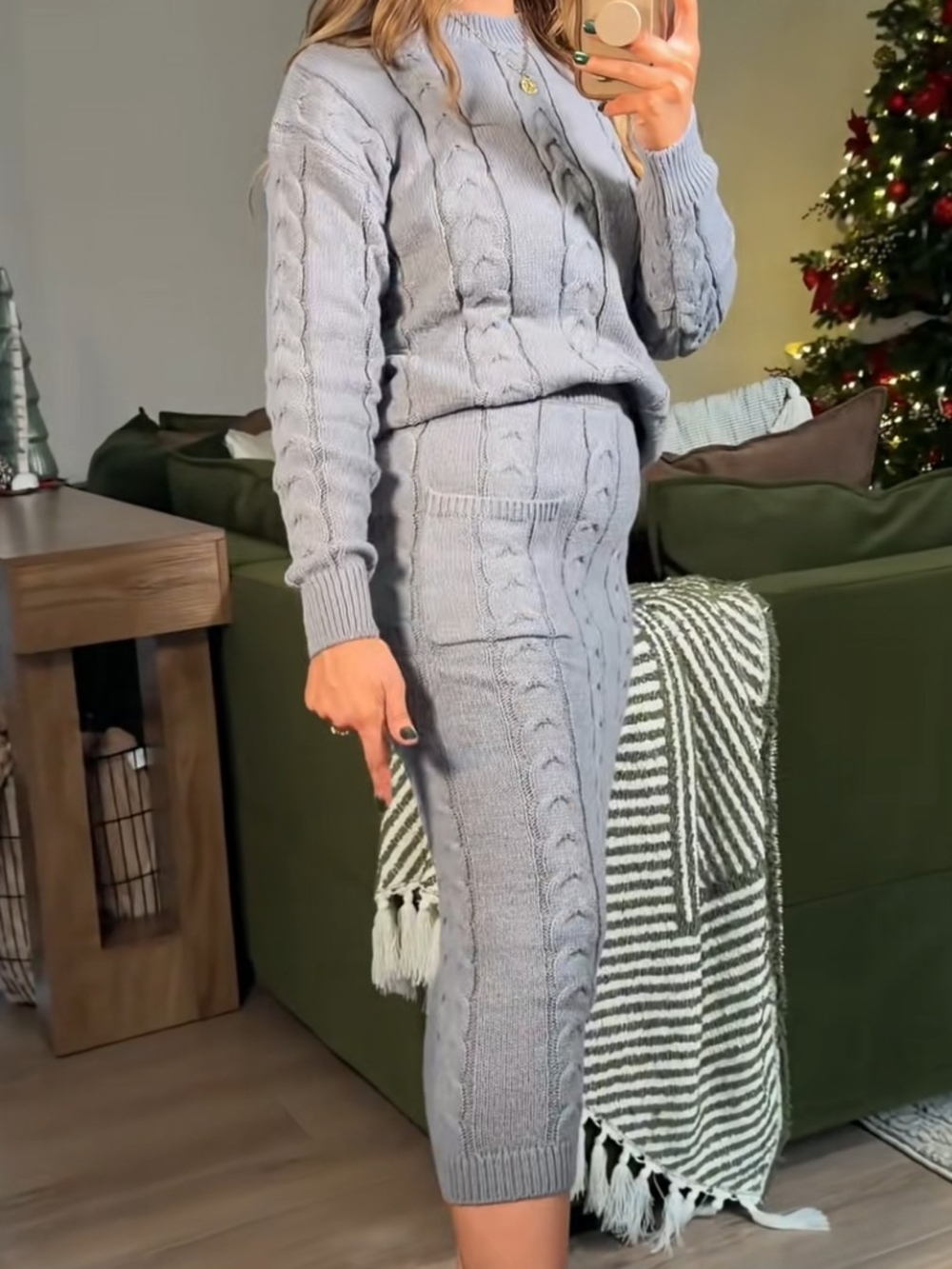 Cable Knit Two-Piece Sweater Set in Light Gray